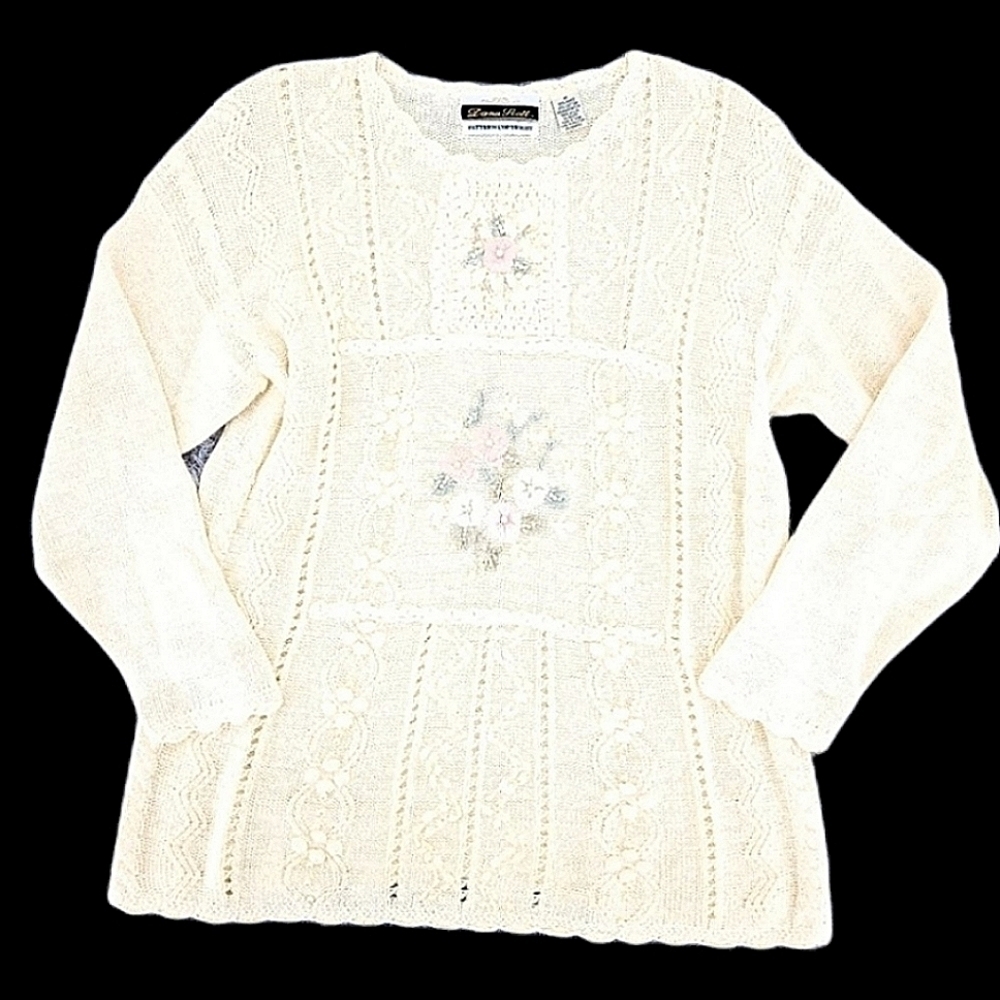 Dana Scott Women's M Vtg Cream Floral Embellished Bling Sweater Cute Patterns